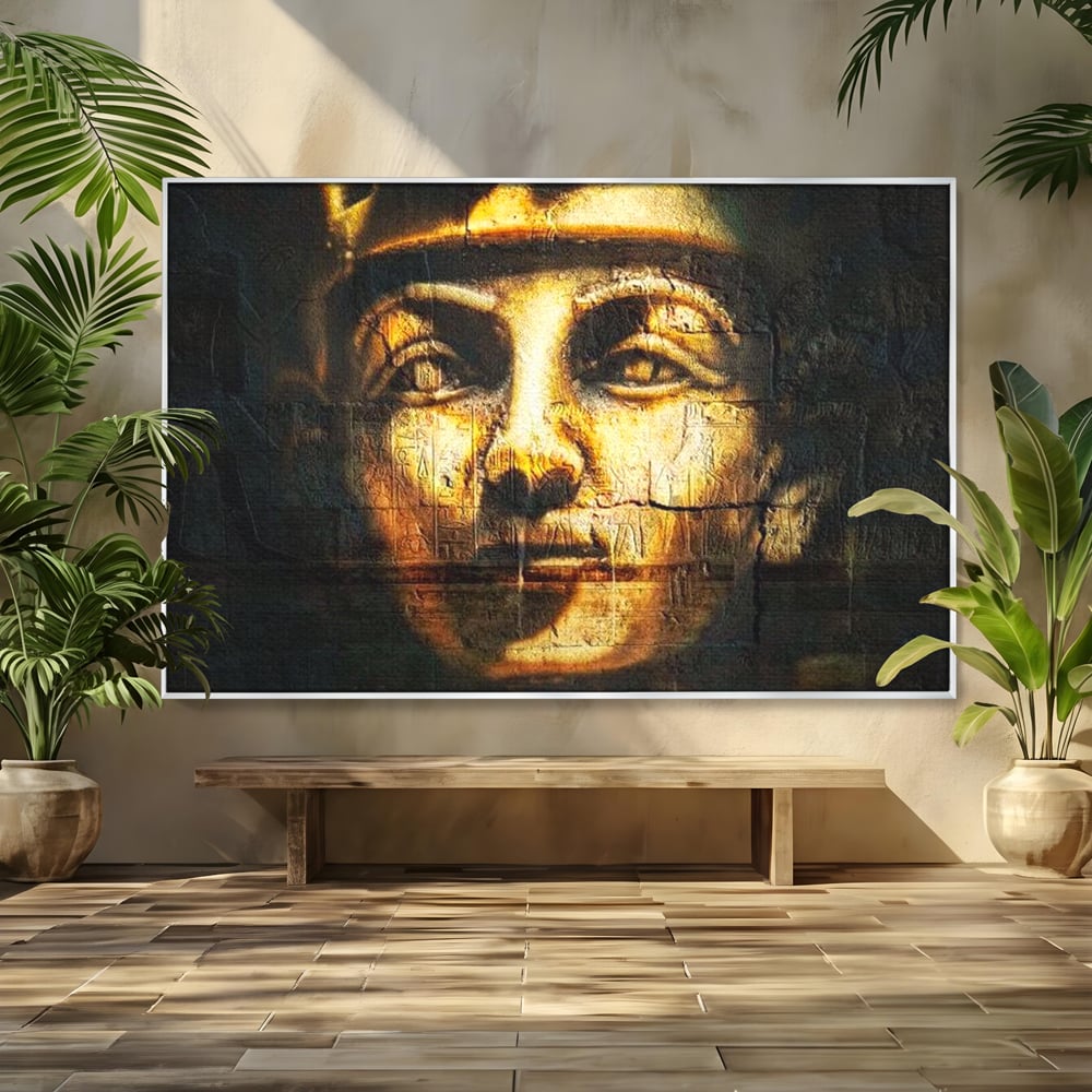 Tablou canvas cu tablou canvas cu chipul unui faraon, in rama de aluminiu argintiu